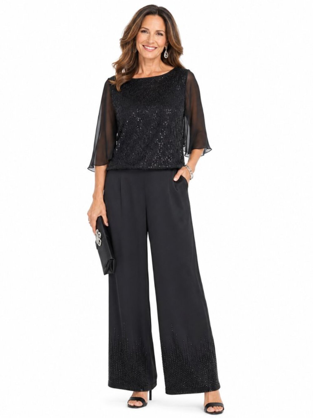 2/$30 NWT Casual Corner Vintage 90s Wide Leg Beaded Trouser Pants Black Sz 10